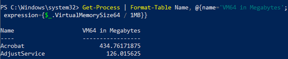 Output of Get-Process | Format-Table Name, @{name=‘VM64 in Megabytes’; expression {$\_.VirtualMemorySize64 / 1MB}}