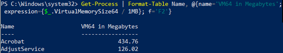 Output of Get-Process | Format-Table Name, @{name=‘VM64 in Megabytes’; expression {$\_.VirtualMemorySize64 / 1MB}; f=‘F2’}